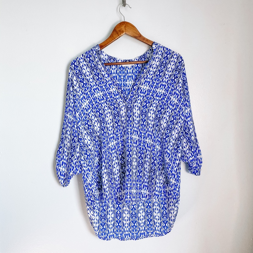 Lush Blue and White Patterned Roll Tab Tunic